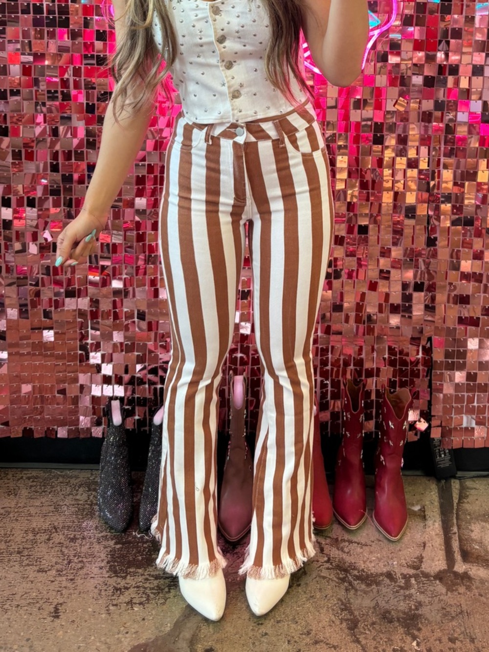 High-Rise Striped Flare Pants in Brown & White